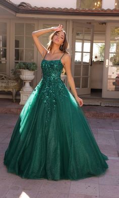 Here's a glorious long hunter green prom ball gown that is full, fun, and fabulous. With sequin embellishments, this long green evening gown is sure to sparkle for prom, galas, and other black-tie events. Offered in misses and some plus sizes, this long green a-line formal dress has a fully-lined long skirt with a sequin-embellished sheer glitter overlay that flows to the floor in voluminous style to a dramatic floor length. Showcase a southern belle look when you slip into this dark green long Glitter Skirt, Dress Models, Prom Ball Gown, Prom Ideas, Sequin Appliques, Prom Girl, Grad Dresses, Ball Gowns Prom, Grand Entrance