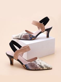 Multicolor Fashionable    Snakeskin Print Slingbacks Embellished   Women Shoes Hills Shoes, Black Platform Wedges, High Sandals, Shoes Heels Classy, White High Heels, Open Toed Heels, Slingback Pump, Fashion 2020, Stylish Shoes