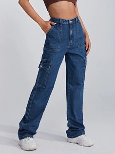 Upgrade your denim collection with these Waist Flap Pocket Side Jeans. These jeans feature flap pockets on the waistband, adding a unique and stylish detail to the classic jeans design. The side pockets offer functional storage space, while the blue color design adds versatility. Whether you pair them with a casual tee or dress them up with a blouse, these waist flap pocket side jeans will give your outfit a fashionable edge. Details: Pattern Type: Plain Jeans Style: Cargo Pants, Boyfriend Fit W Blue Utility Pants With Flap Pockets, Blue Straight Leg Pants With Flap Pockets, Blue Straight-leg Pants With Flap Pockets, Trendy Denim Blue Jeans With Hip Pockets, Blue Utility Jeans With Pockets, Casual Blue Jeans With Flap Pockets, Utility Blue Jeans With Pockets, Trendy Blue Bottoms With Flap Pockets, Trendy Dark Wash Jeans With Hip Pockets