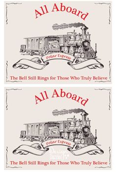 two labels for all aboard with an image of a train on the front and back