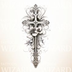 a cross with flowers on it and the words tattoo wizard written in front of it