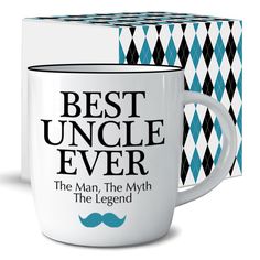 a white coffee mug with the words best uncle ever and a blue mustache on it