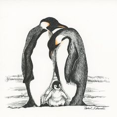 two penguins standing next to each other with one penguin holding the other's head