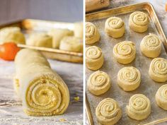 two pictures side by side one shows rolled up dough and the other shows uncooked rolls