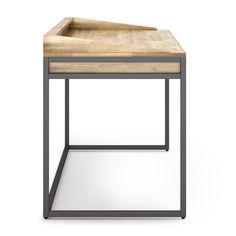 the side table is made from metal and wood with a wooden tray on one end