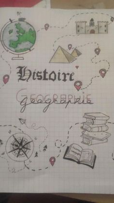 a notebook with some drawings on it and the words geographia written in cursive writing