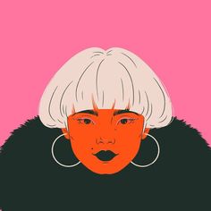 an illustration of a woman with white hair and big hoop earrings on her head, against a pink background