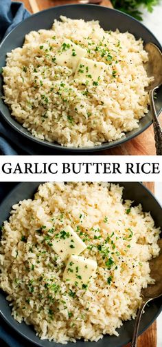 garlic butter rice in a skillet and then topped with parsley