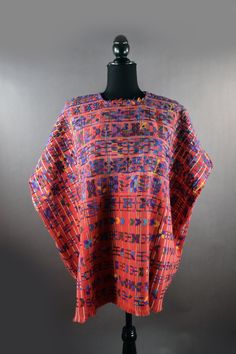 Red Bohemian Ceremonial Kaftan, Red Bohemian Kaftan For Ceremonial Occasions, Red Bohemian Kaftan With Traditional Patterns, Traditional Red One-size Poncho, Traditional Red Poncho For Festivals, Red Folk Style Poncho For Festival, Guatemala Textiles, Art Masks, Lake Atitlan