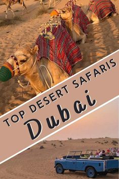 a blue jeep driving down a sandy road next to camels in the desert with text overlay top desert safaris, dubai