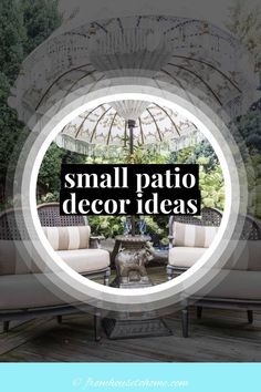 a patio with an umbrella over it and the words small patio decor ideas