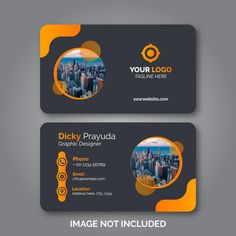 two business cards with an orange and black color scheme on the front, back and sides