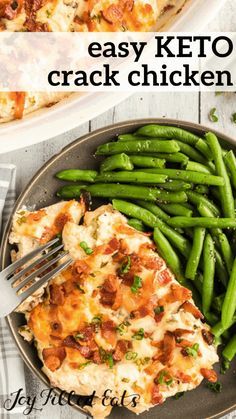 a plate with green beans and chicken on it