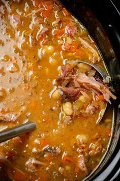 a bowl of soup with meat, beans and carrots