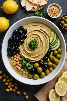 A photo of a  Olive Hummus which is a type of hummus bowl Mediterranean Meals