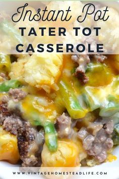 a casserole dish in a white bowl with text overlay that reads instant pot tater tot casserole