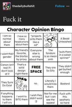 an image of a game board with the words, character opinion bingo and free space