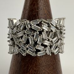 Vintage Cubic Zirconia Sterling Silver Cluster Ring, UK Size T1/2, US Size 10, EU Size 61 3/4, Stamped 925, Front Max Length 14.0mm, Weight 8.07 Grams, One Gem Missing, Otherwise, Lovely Condition Silver Cluster Diamond Ring With Baguette Diamonds, Silver Cluster Ring With Baguette Diamonds, Silver Cluster Ring With Baguette Diamonds For Anniversary, Silver Baguette Diamond Ring With Round Cut, Silver Diamond Ring With Baguette And Round Cut, Silver Ring With Baguette Diamonds, Vintage Cluster Ring, Us Size 10, Cluster Ring