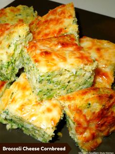 broccoli cheese cornbread squares stacked on top of each other