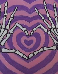 two skeleton hands making a heart in front of a purple and pink background with hearts