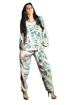 two piece jungle matching set Tropical Loungewear Sets For Spring, Spring Tropical Loungewear Sets, Summer Loungewear Pant Set With Straight Pants, Tropical Loungewear Pants, Vacation Sets With Relaxed Fit Long Pants, Jeweled Flats, Matching Separates, Satin Jumpsuit, Comfy Chic