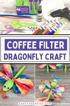 coffee filter dragonfly craft for kids to make with colored crayons and glue