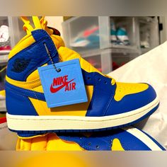 Authentic!! Comes With The Box Nwt Nike Womens Jordan 1 Hi Retro; Game Royal/Yellow, Sz 8.5; Leather; I Ended Up With 3 Pair Of These Shoes Because I Loved Them So Much. Louis Vuitton Duffle Bag, Cute Jordans, Royal Yellow, Royal Blue Suit, Nike Air Jordan Retro, Nike Fashion Shoes, Personalized Shoes, Jordan 13 Retro, All Nike Shoes