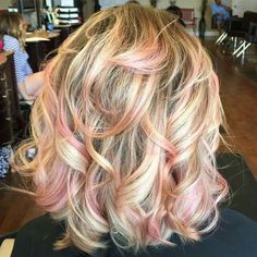 Cotton candy pink highlights! @hairbyamandabdavis on instagram Clay&Co Salon Stylist: Amanda Boswell Blonde Curly Hair Pink Highlights, Cotton Candy Blonde Hair, Pink Hair Streaks Blonde, Pink Hair Strands Blondes, Hair Streaks Blonde, Pastel Pink Streaks In Blonde Hair, Pink Hair Streaks, Hair Stripping