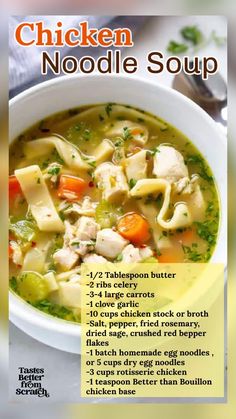 chicken noodle soup recipe in a white bowl