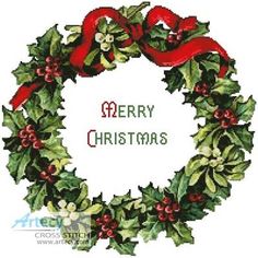 a cross stitch christmas wreath with holly leaves and red ribbon on it's side