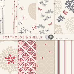 a set of four paper designs with flowers and butterflies in red, grey, white and beige