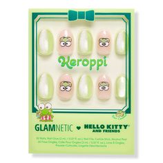 Keroppi Press-On Nails - AN HELLO KITTY KEROPPIBenefitsLength: ShortShape: OvalFinish: Glossy, VelvetOpacity: Semi-Transparent, OpaqueThickness: 0.6mmReusable, each wear lasts up to 2 weeksWaterproofCustomizableFeatures30 Nails in 15 Inclusive SizesNail Glue (0.07 oz)Double-Sided Nail FileCuticle StickAlcohol Pad - Keroppi Press-On Nails Keroppi Nails, Accent Nail, Hello Kitty Nails, Cute Nail Art, Minimal Chic, Accent Nails, Fun Loving, Semi Transparent, Artificial Nails