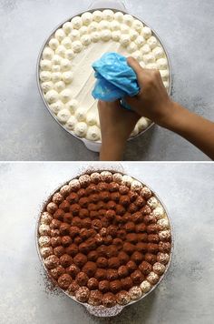 two pictures showing how to decorate a cake with marshmallows