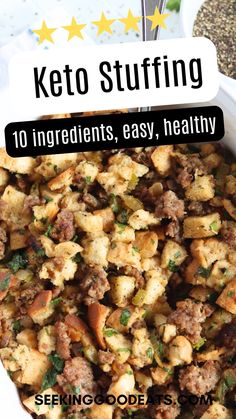 keto stuffing in a casserole dish with text overlay