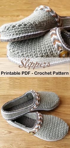 crocheted slippers are shown with the text, free pattern and instructions to make them