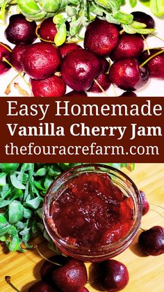 an easy homemade vanilla cherry jam recipe with fresh cherries in the background and text overlay that reads, easy homemade vanilla cherry jam