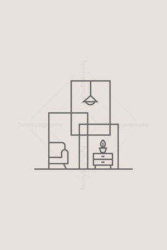 a line drawing of a living room with furniture in the corner and a lamp above it