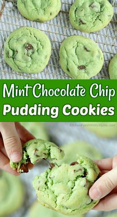 mint chocolate chip pudding cookies are on a cooling rack and being held up by someone