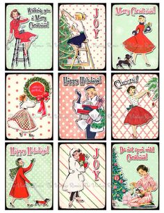 four christmas cards with different pictures of women in dresses and hats, one is holding a dog