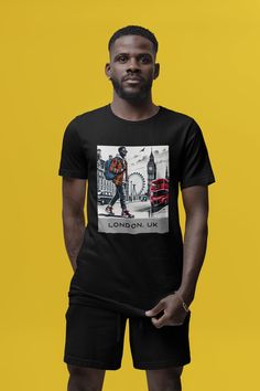 Embrace your wanderlust with our  London England Black Man Shirt, designed for the stylish Black Man / Traveller / Explorer. This London Afro-Mod Graphic Shirt, Crewneck Sweatshirt and / or Hoodie are perfect for any adventure. Celebrate Black travel with apparel made by a Black-owned business.   ** Please scroll past these directions to get detailed information on the different product types.   To see more from our Travel / Places section, please click here: https://www.etsy.com/shop/BIPOCAdven Black Graphic T-shirt For Urban Adventures, Black Crew Neck T-shirt For Urban Adventures, Black Graphic Print T-shirt For Adventure, Black T-shirt With Screen Print For Adventure, Black Screen Print T-shirt For Adventure, Black Graphic Tee For Adventure, Black Cotton T-shirt For Adventure, Cotton Crew Neck T-shirt For Travel, Graphic Tee With Crew Neck For Travel