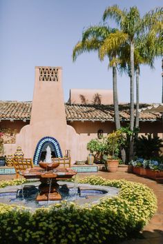 an outdoor fountain surrounded by plants and potted palm trees in front of a building