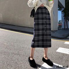 Olivia Mark - Vintage Plaid A-line Midi Skirt with Knitted Hemline Korean Outfit Street Styles, Bodycon Midi Skirt, Wool Mini Skirt, Wool Pencil Skirt, Wrap Around Skirt, Midi Skirt Pencil, Vintage Plaid, Plaid Skirt, Body Con Skirt