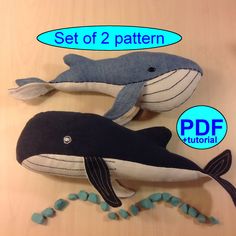 two stuffed whales sitting next to each other on top of a wooden table with text overlay that says set of 2 pattern