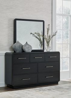 Rowanbeck Black Dresser and Mirror - Ornate Home Art Deco Design Elements, Teen Bedroom Sets, 5 Piece Bedroom Set, Inner Sanctum, Dresser And Mirror, Black Dressers, Textured Wood, Teen Furniture, Upholstered Panel Bed