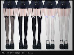 six pairs of stockings with bows and buttons on the legs, all in different colors