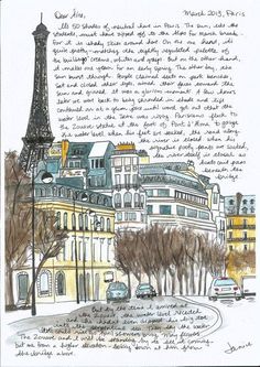 an ink drawing of the eiffel tower in paris, with writing on it