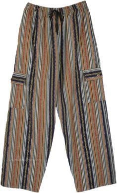 Unique thick cotton fabric unisex striped trousers with beautiful black and beige stripes interlocked with multicolor detail. These pants look different and noticeable. #tlb #SplitSkirtsPants #XLPlus #Tall #Fall #Striped #bohemianfashion #Handmade #bohogiftsformen #bohogift Striped Cotton Wide Leg Bottoms, Striped Wide Leg Cotton Bottoms, Striped Wide-leg Cotton Pants, Striped Wide Leg Cotton Pants, Casual Striped Bottoms With Side Pockets, Wide Leg Cotton Bottoms With Vertical Stripes, Striped Cotton Bottoms, Casual Striped Pants With Side Pockets, Striped Long Pants With Pockets