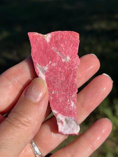 a person holding a piece of pink rock in their hand