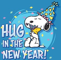 a cartoon dog wearing a party hat and holding a piece of cake with the words hug in the new year on it