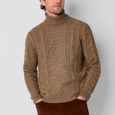 The classic, cozy design of this mutual weave men's turtleneck sweater makes it a versatile piece for the colder months. It features a cable-knit pattern, long sleeves and ribbed trims. Wear it with jeans or pants and boots. Closure Type: Pullover HeadFit: Regular FitNeckline: TurtleneckSleeve Length: Long SleeveApparel Length: 27.5 Inches - FrontFiber Content: 93% Nylon, 7% AcrylicCare: Tumble Dry, Machine WashCountry of Origin: Imported Casual Cable Knit Turtleneck, Casual Wool Turtleneck For Layering, Brown Knit Long Sleeve Turtleneck, Casual Cable Knit Turtleneck For Cold Weather, Brown Knitted Long Sleeve Polo Sweater, Brown Knitted Long Sleeve Turtleneck, Cozy Long Sleeve Cable Knit Polo Sweater, Casual Textured Knit Turtleneck, Casual Long Sleeve Cable Knit Polo Sweater